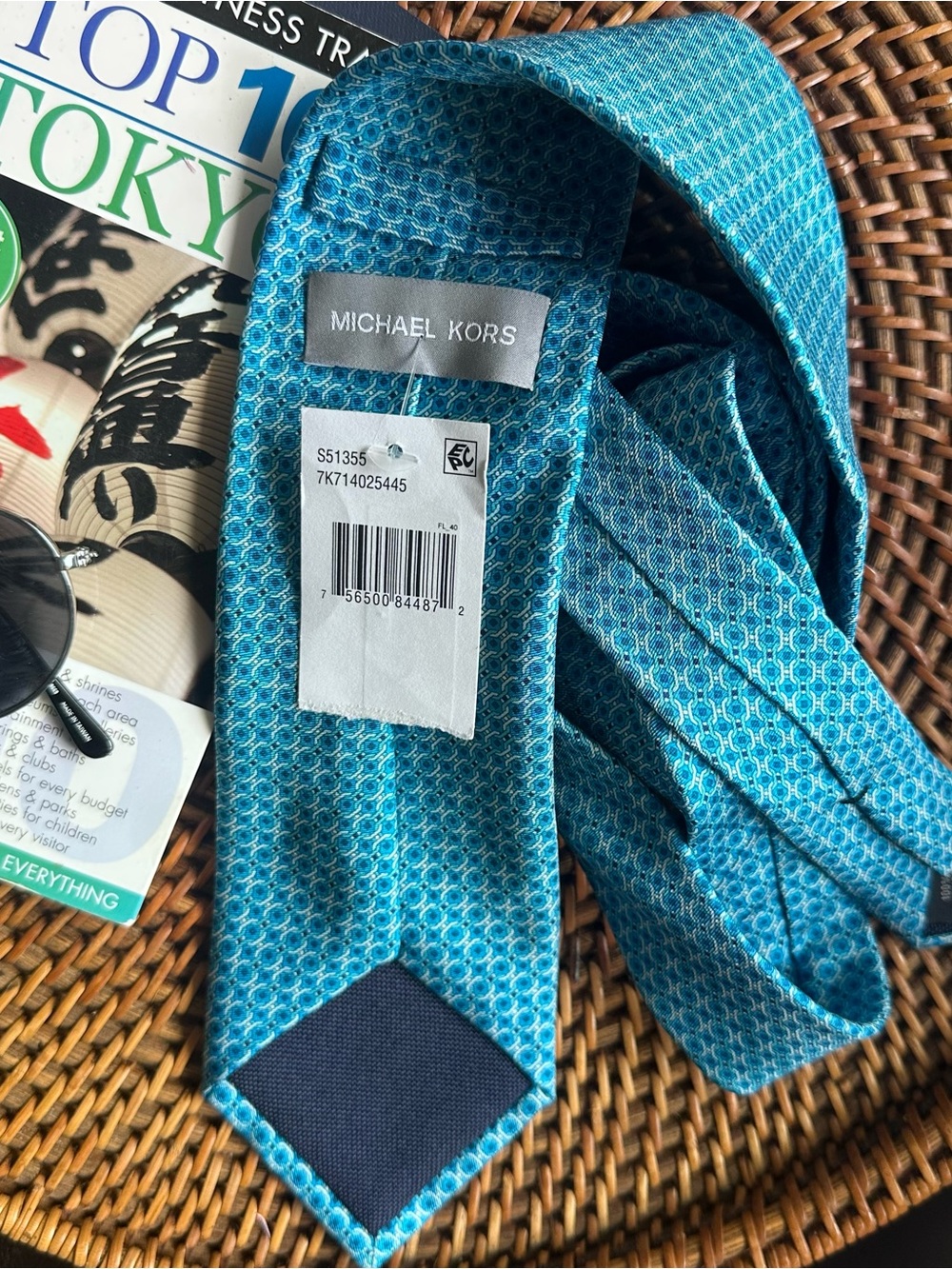 Michael Kors Turquoise Geometric Print Silk Tie New with Tags
